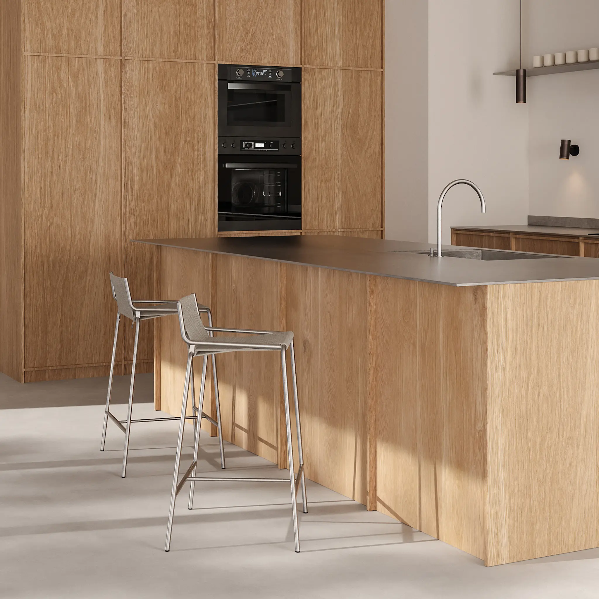 Noel Counter Chair H67, Brushed stainless steel base, Upholstered seat and back, wool flag halyard, dark grey