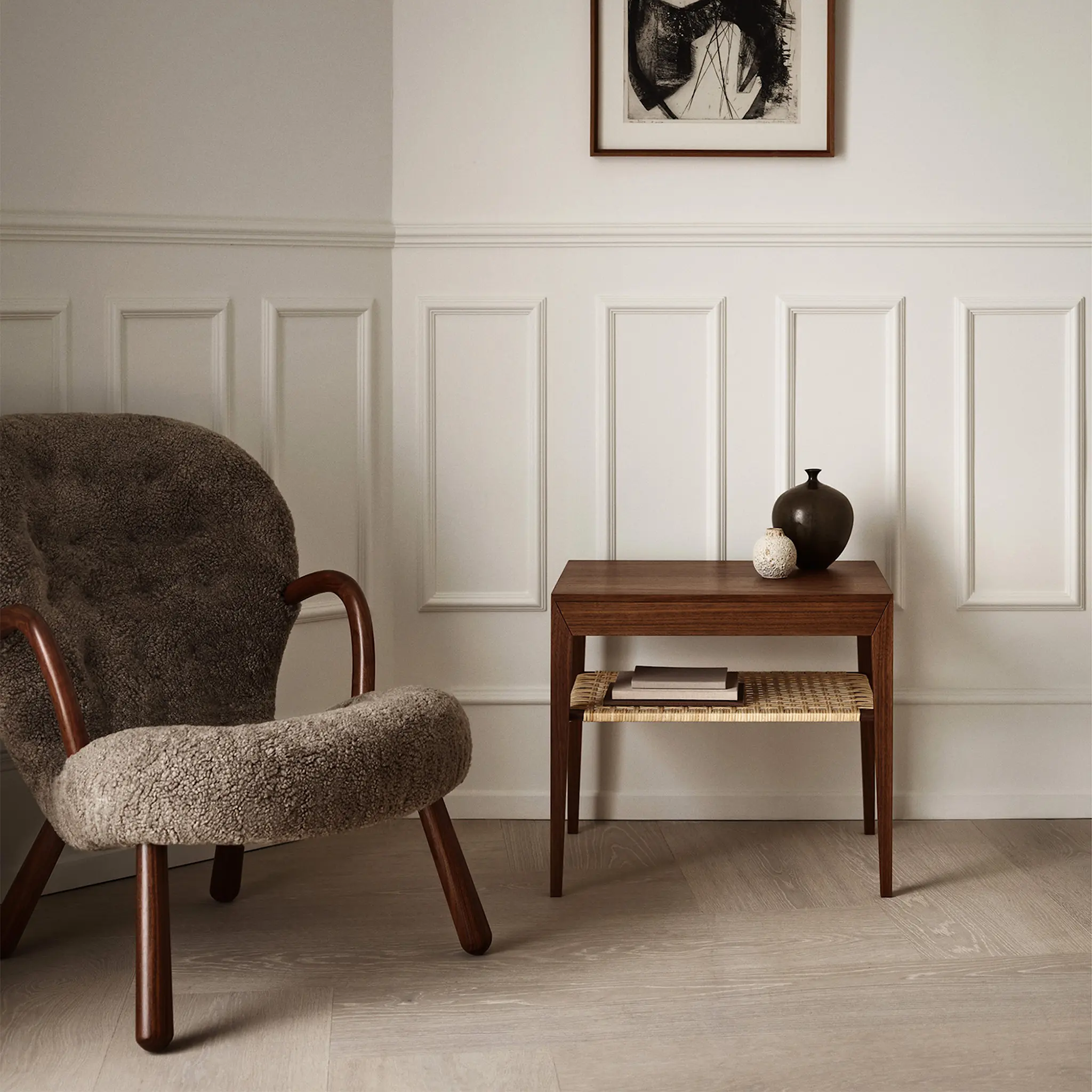Model 35 Bedside Table Oak Cane Shelf