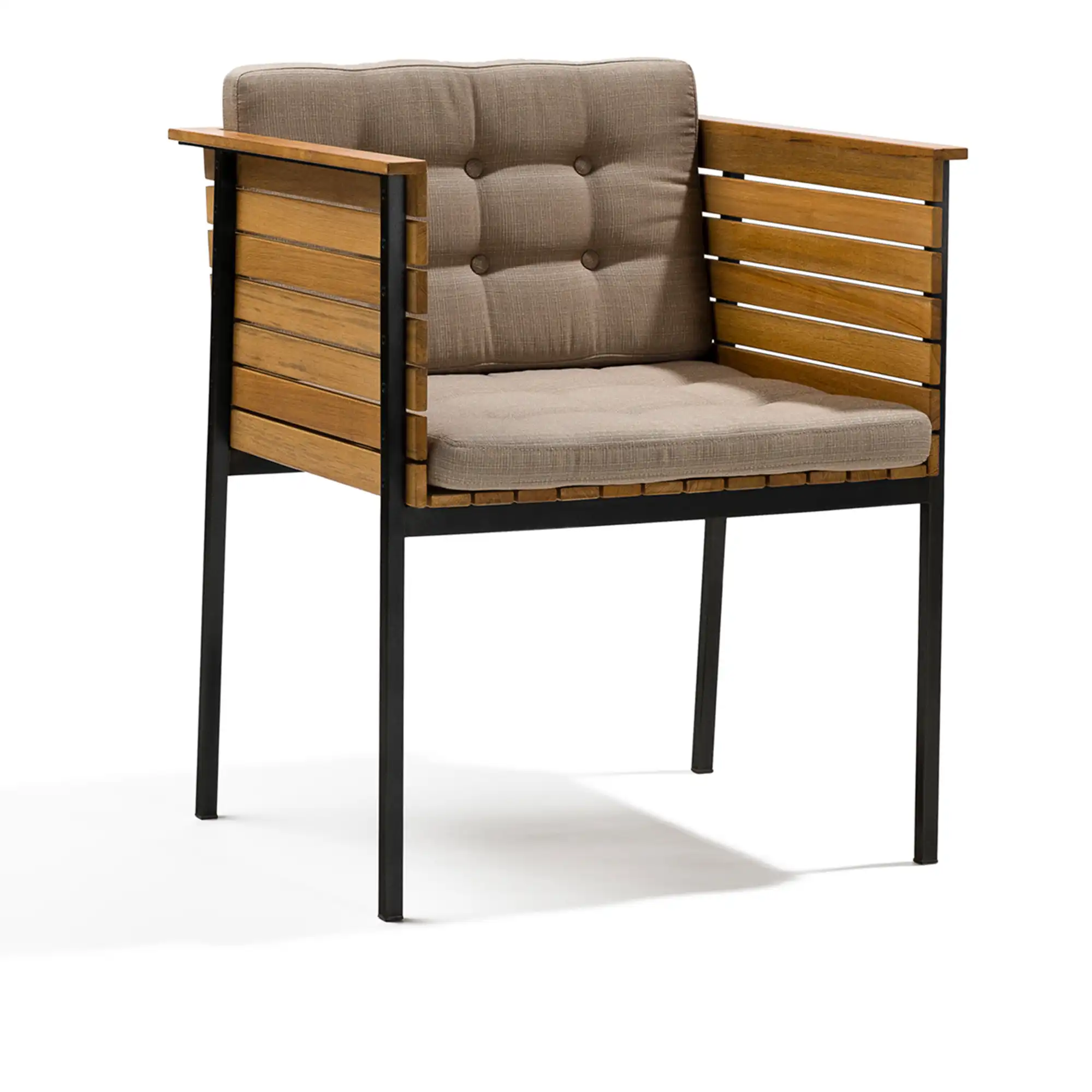 Haringe Armchair, Black Stainless Steel, Teak Slats, Cushion Grey Agora Fossil